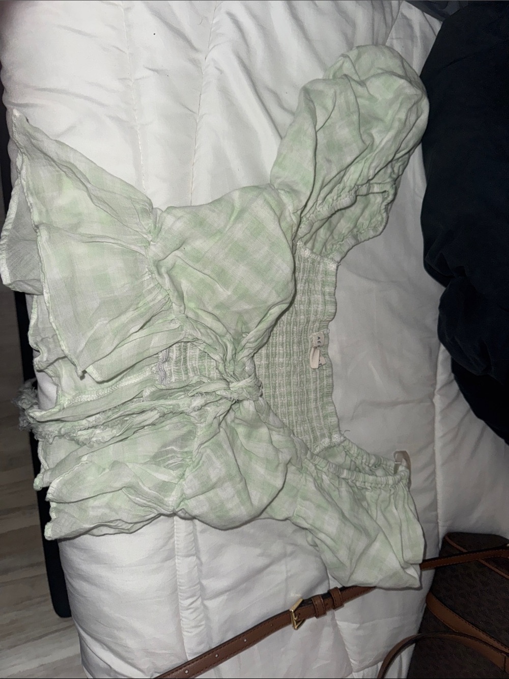 Women’s Light Green Gingham Tie-Front Crop Top